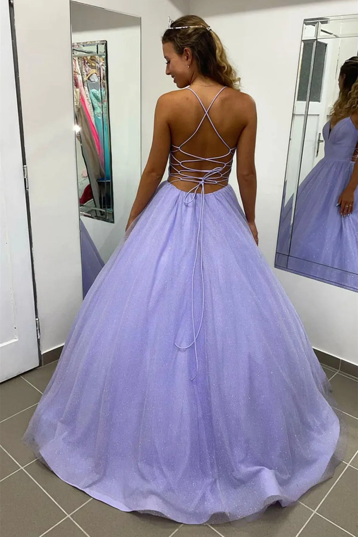 Shiny V Neck Backless Purple Tulle Long Prom Dress with Pocket, Backless Purple Formal Graduation Evening Dress A1615