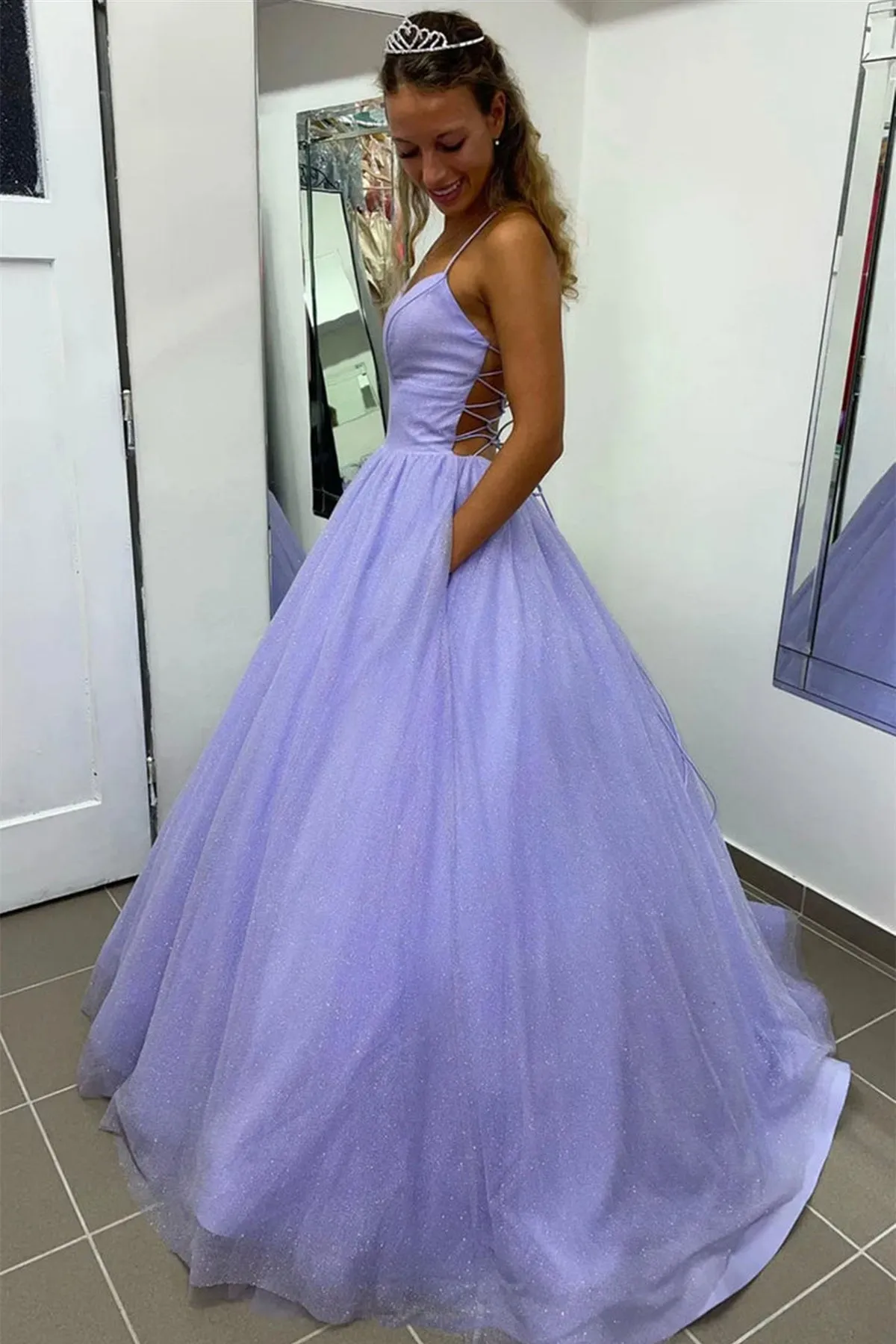 Shiny V Neck Backless Purple Tulle Long Prom Dress with Pocket, Backless Purple Formal Graduation Evening Dress A1615