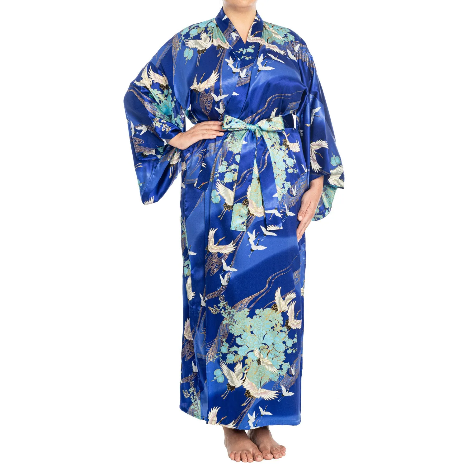 Silk Crane Print Long Blue Japanese Kimono XL