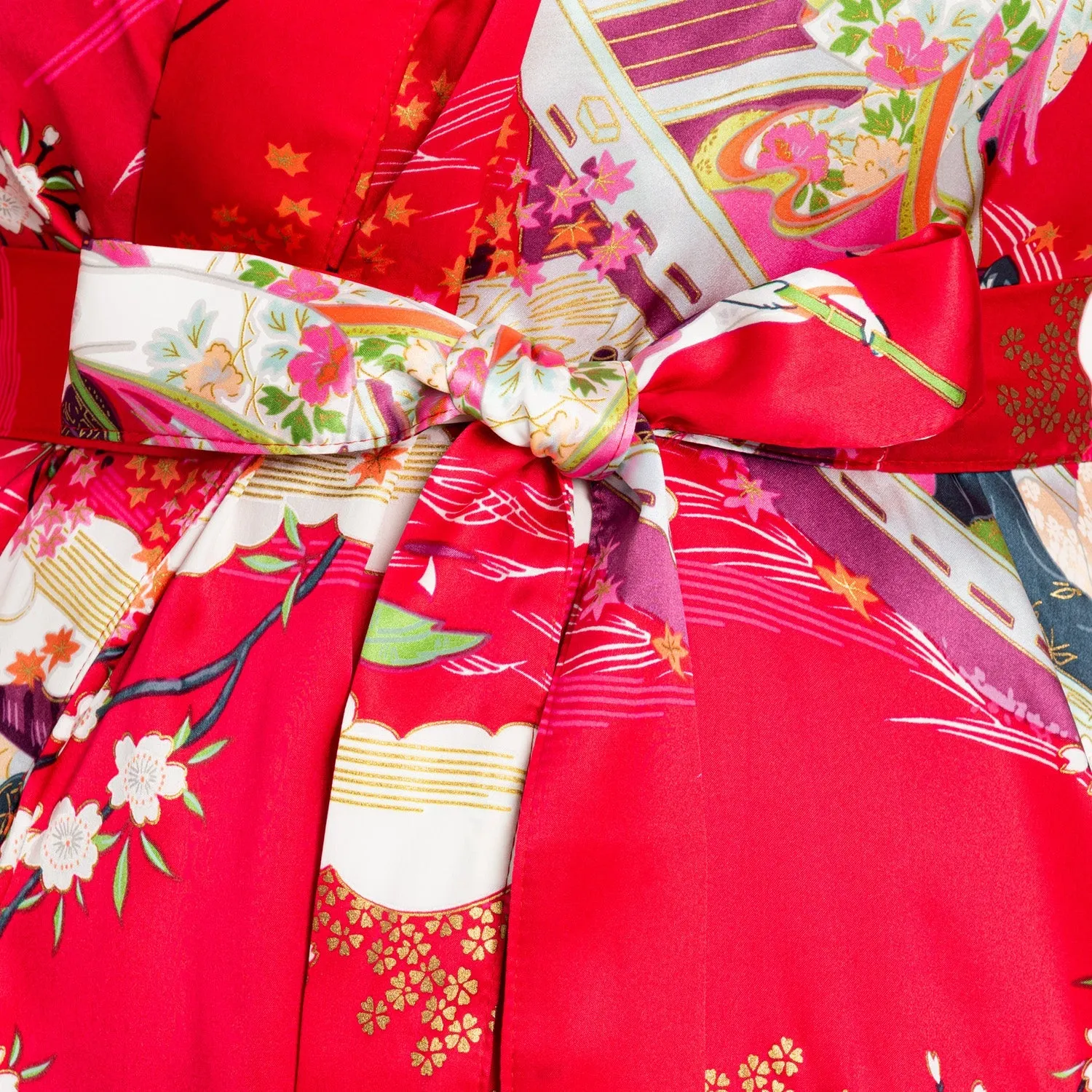 Silk Ukiyoe Print Long Red Japanese Kimono