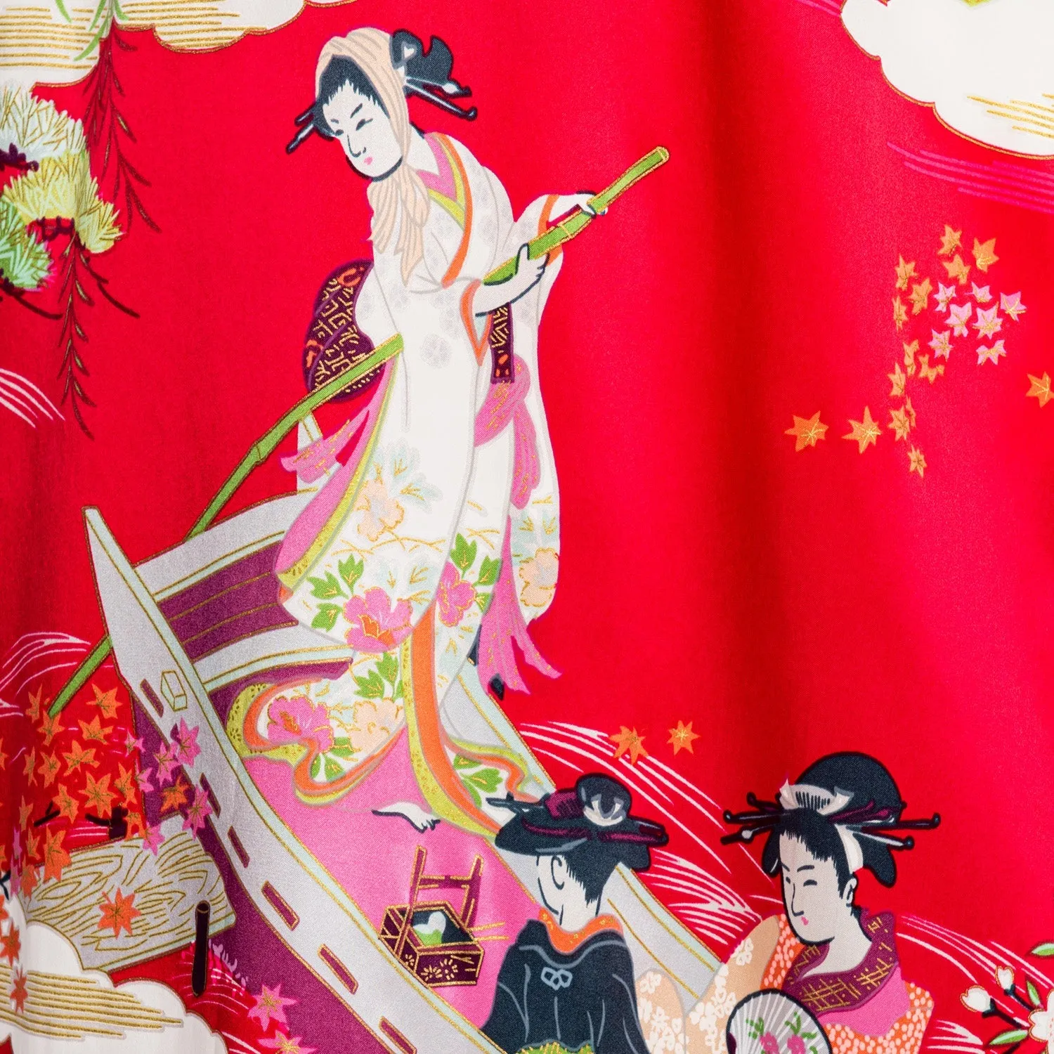 Silk Ukiyoe Print Long Red Japanese Kimono