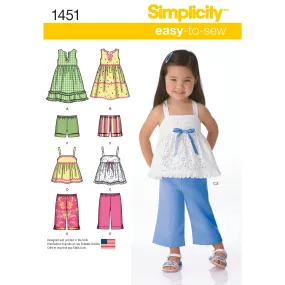 Simplicity Pattern S1451 Toddlers' Dresses, Top, Cropped Pants & Shorts