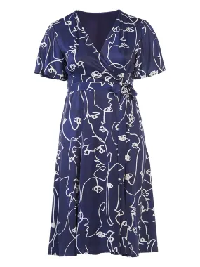 Sketch Print Navy Wrap Dress