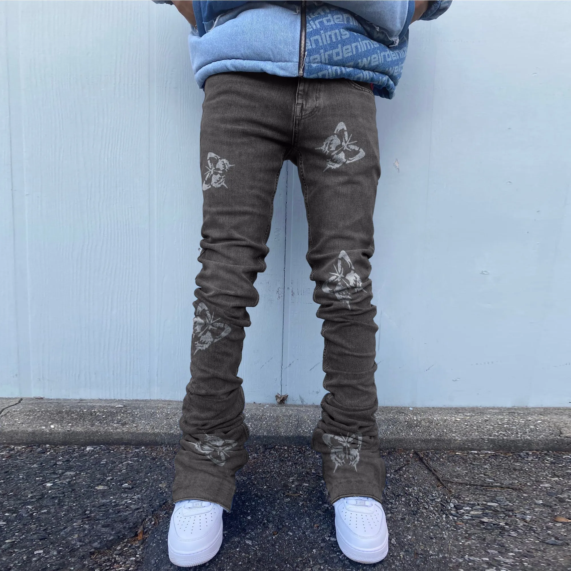 Skull Butterfly Print Slim Fit Stacked Jeans