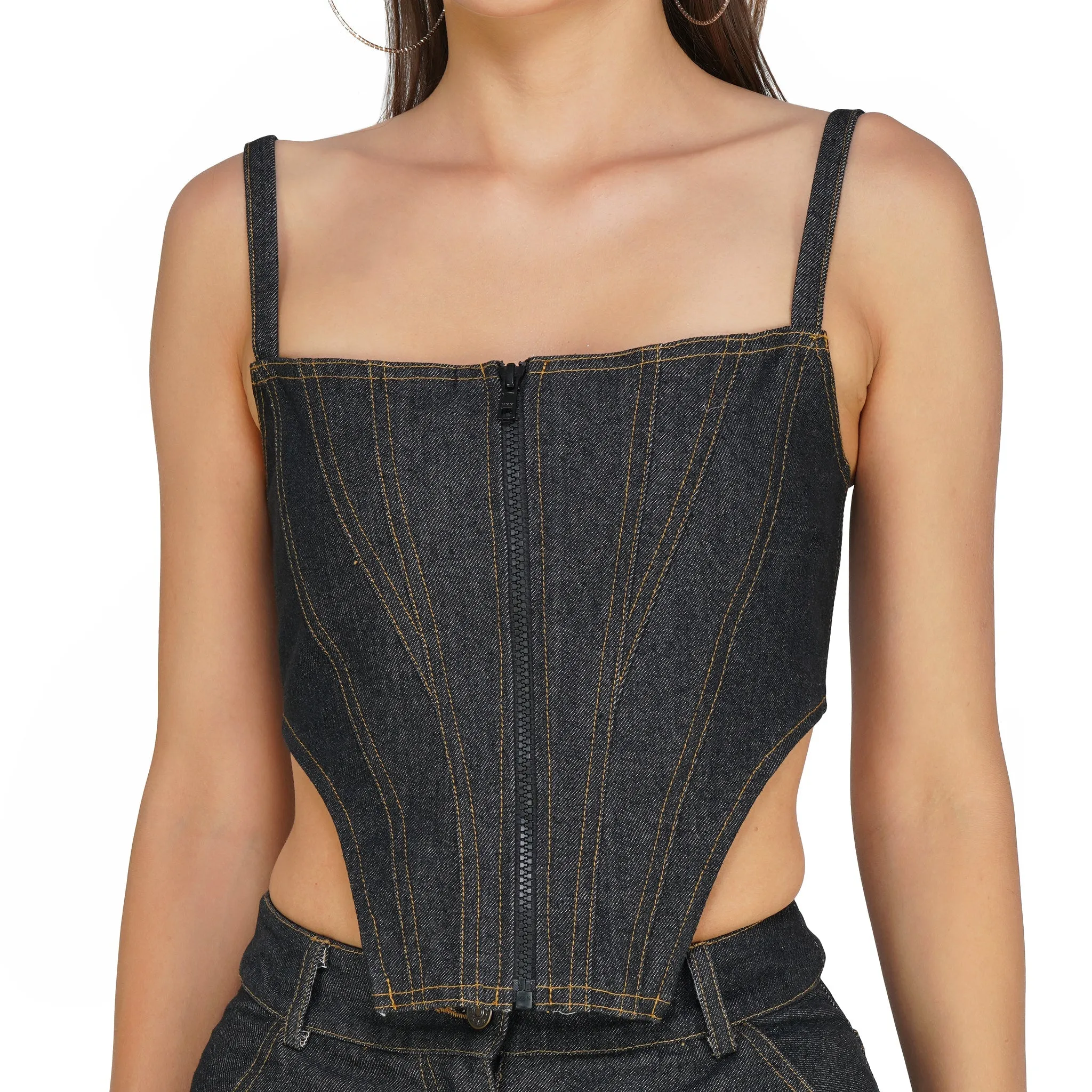 SLAY. Women's Black Denim Zip up Corset