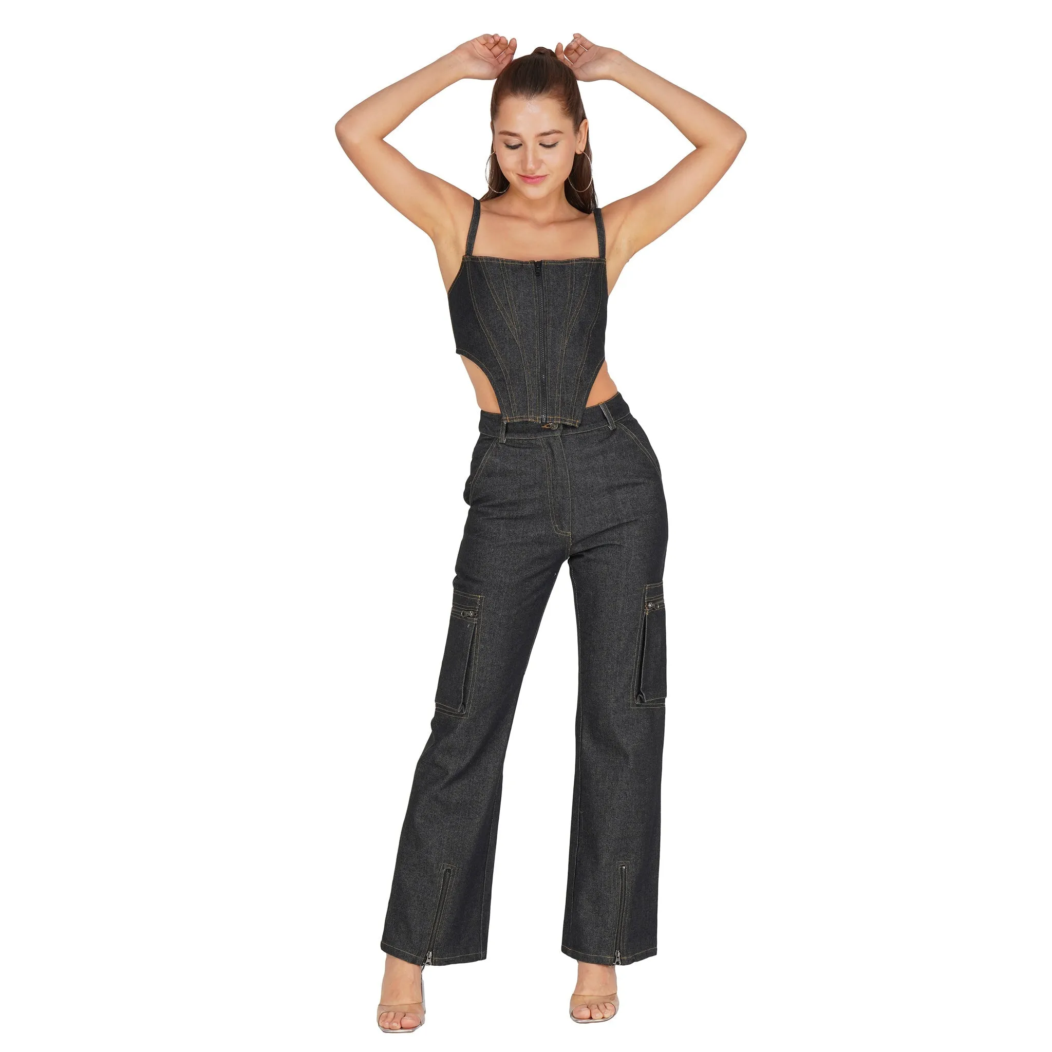 SLAY. Women's Black Denim Zip up Corset