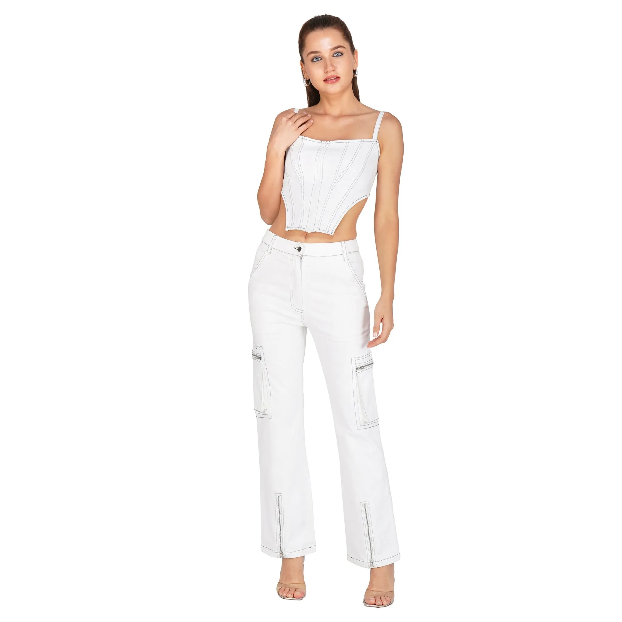 SLAY. Women's White Denim Cargo Jeans