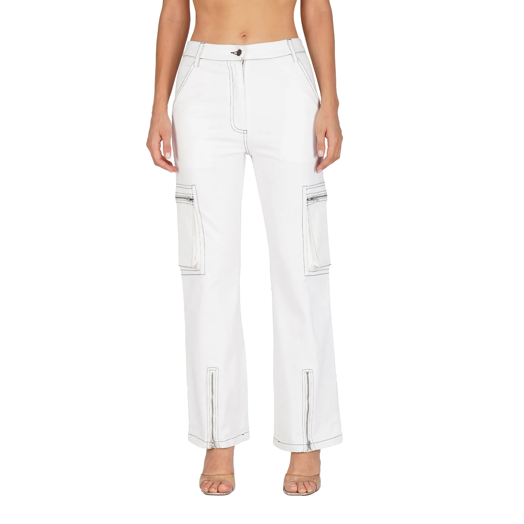 SLAY. Women's White Denim Cargo Jeans