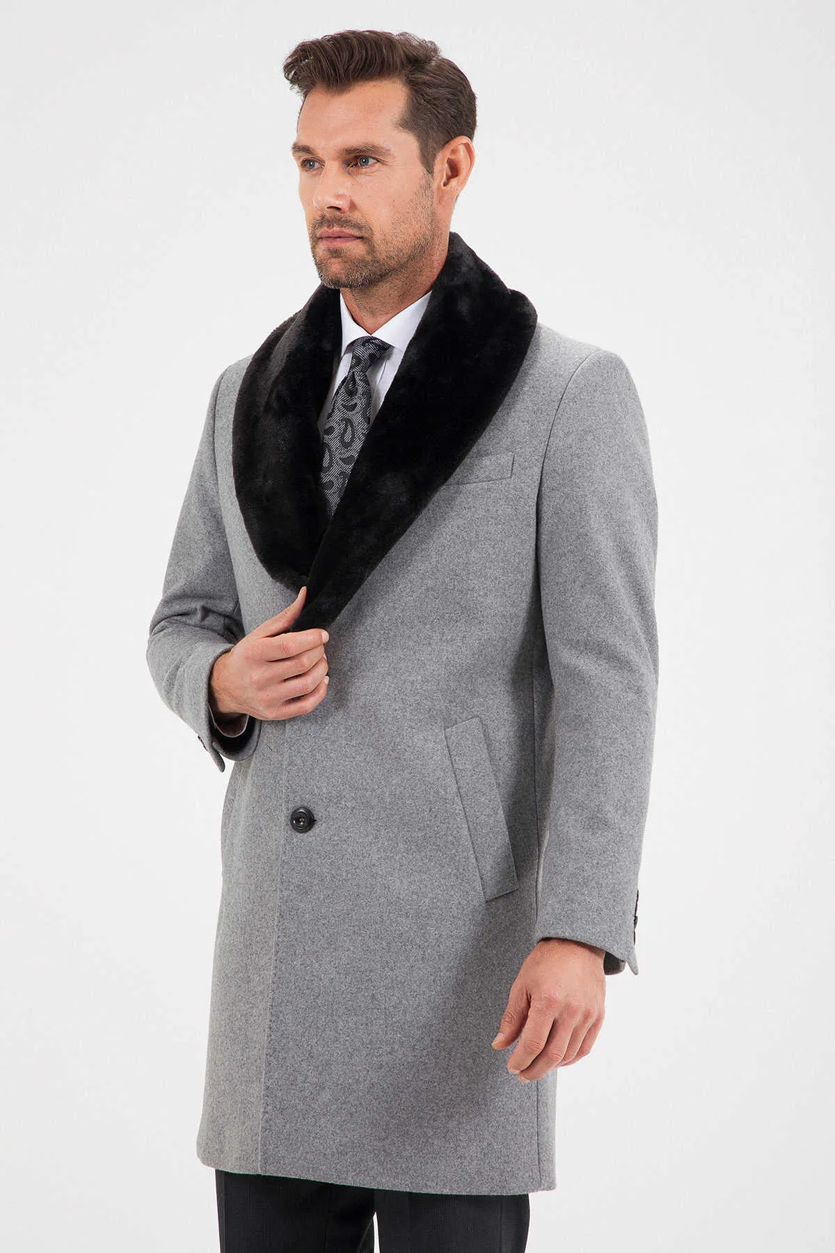 Slim Fit Cachet Notch Lapel Wool Blend Beige Overcoat, Gray