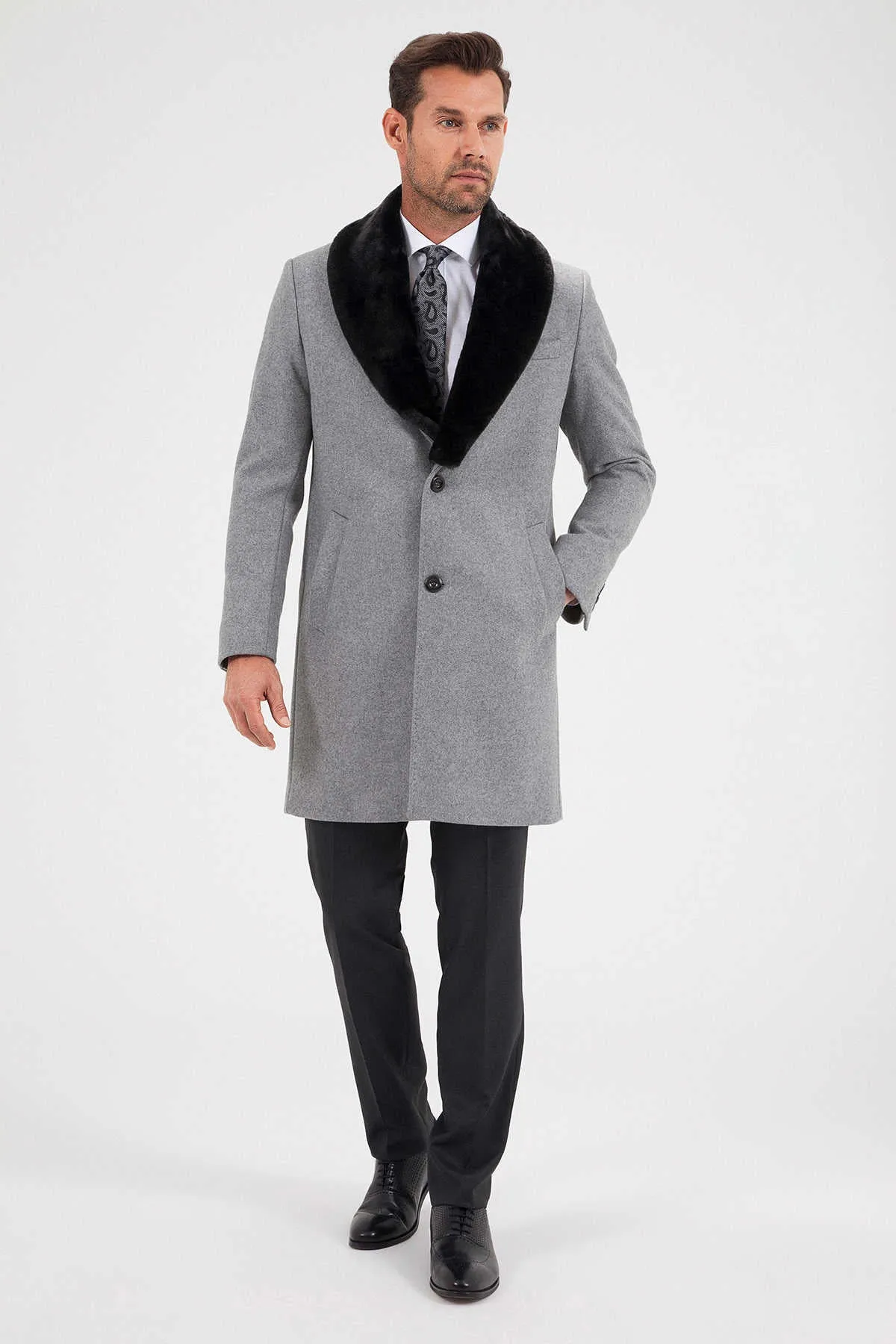 Slim Fit Cachet Notch Lapel Wool Blend Beige Overcoat, Gray