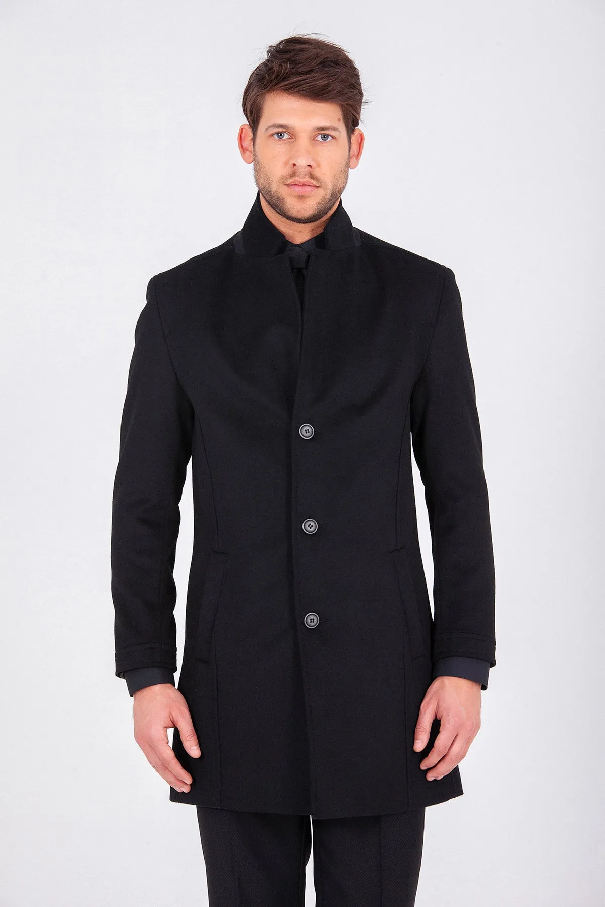 Slim Fit Cachet Notch Lapel Wool Blend Black Overcoat, Black