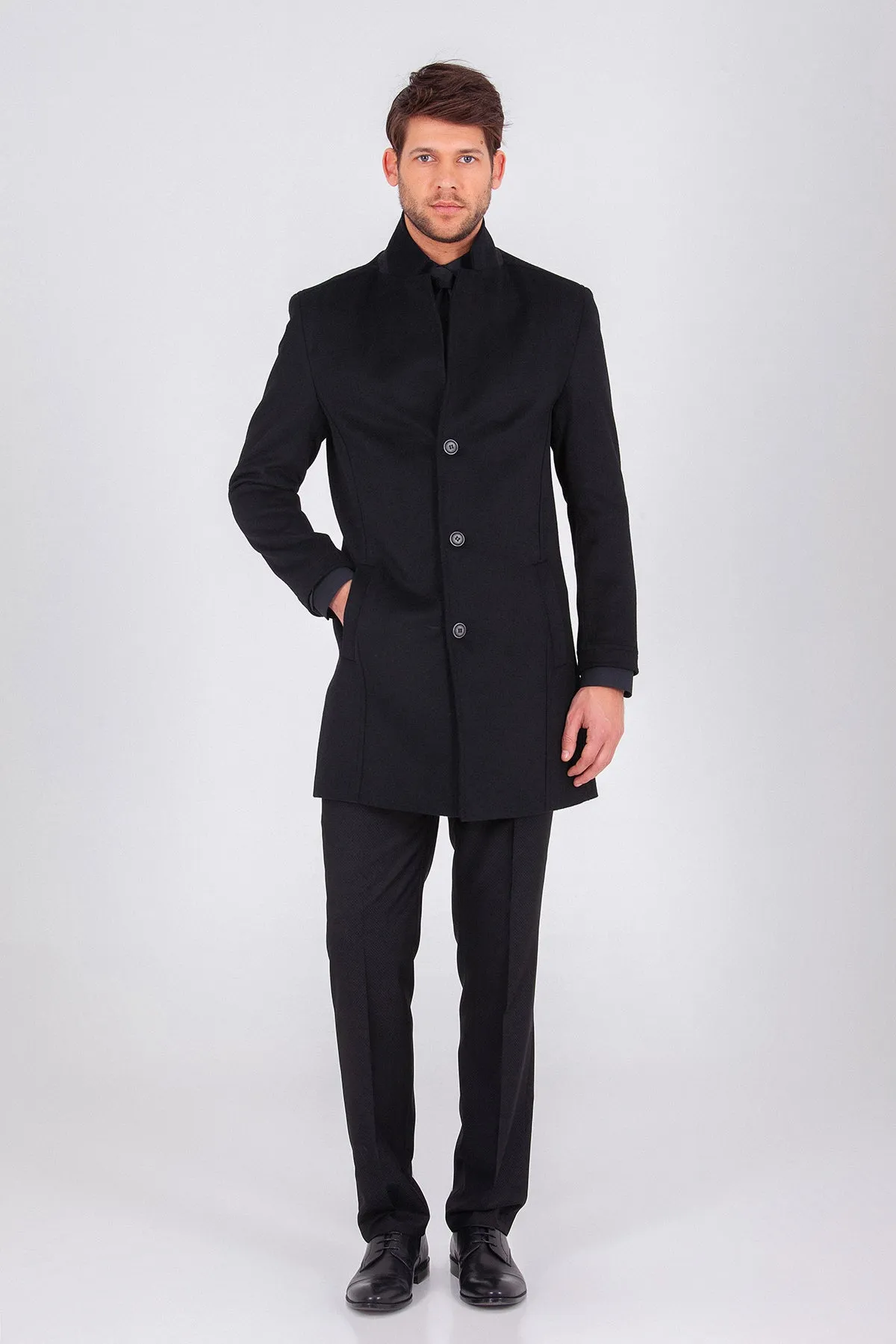 Slim Fit Cachet Notch Lapel Wool Blend Black Overcoat, Black