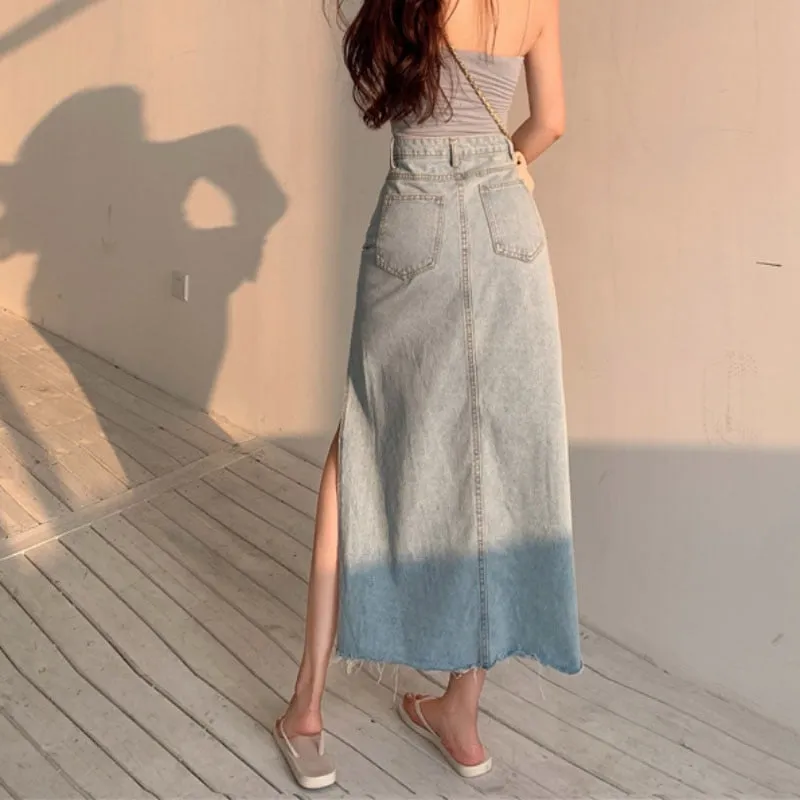 Slit Women Denim Skirt High Waist Summer Tassel Loose A Line Jeans Long Skirt Causal Korean Black Fashion Cotton Skirts