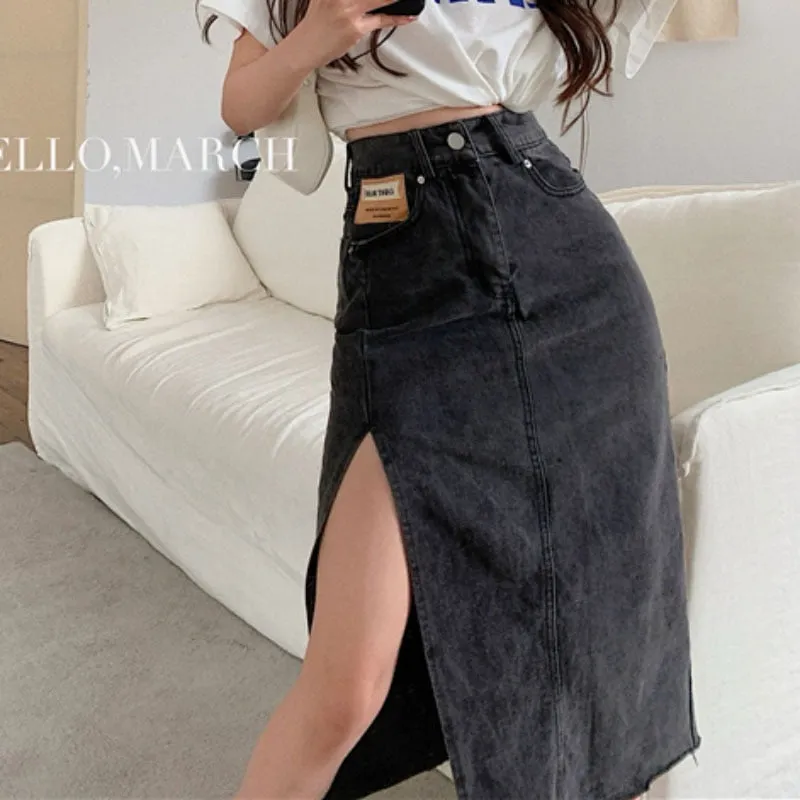 Slit Women Denim Skirt High Waist Summer Tassel Loose A Line Jeans Long Skirt Causal Korean Black Fashion Cotton Skirts