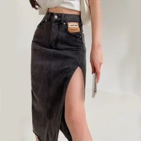 Slit Women Denim Skirt High Waist Summer Tassel Loose A Line Jeans Long Skirt Causal Korean Black Fashion Cotton Skirts