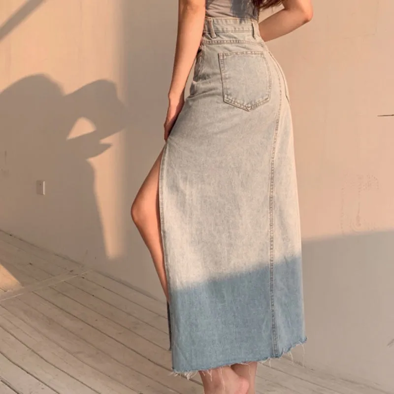 Slit Women Denim Skirt High Waist Summer Tassel Loose A Line Jeans Long Skirt Causal Korean Black Fashion Cotton Skirts