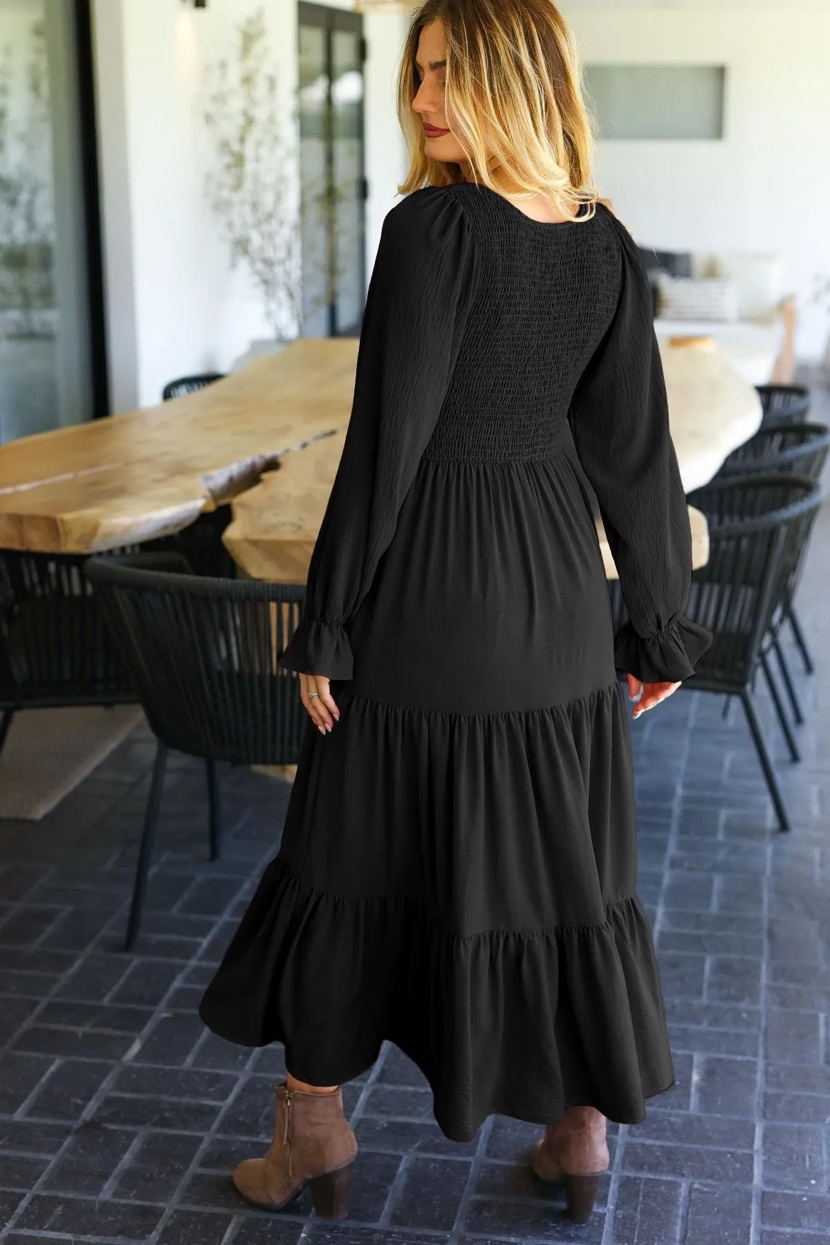 Smocking Woven Bubble Sleeve Maxi Dress - Black