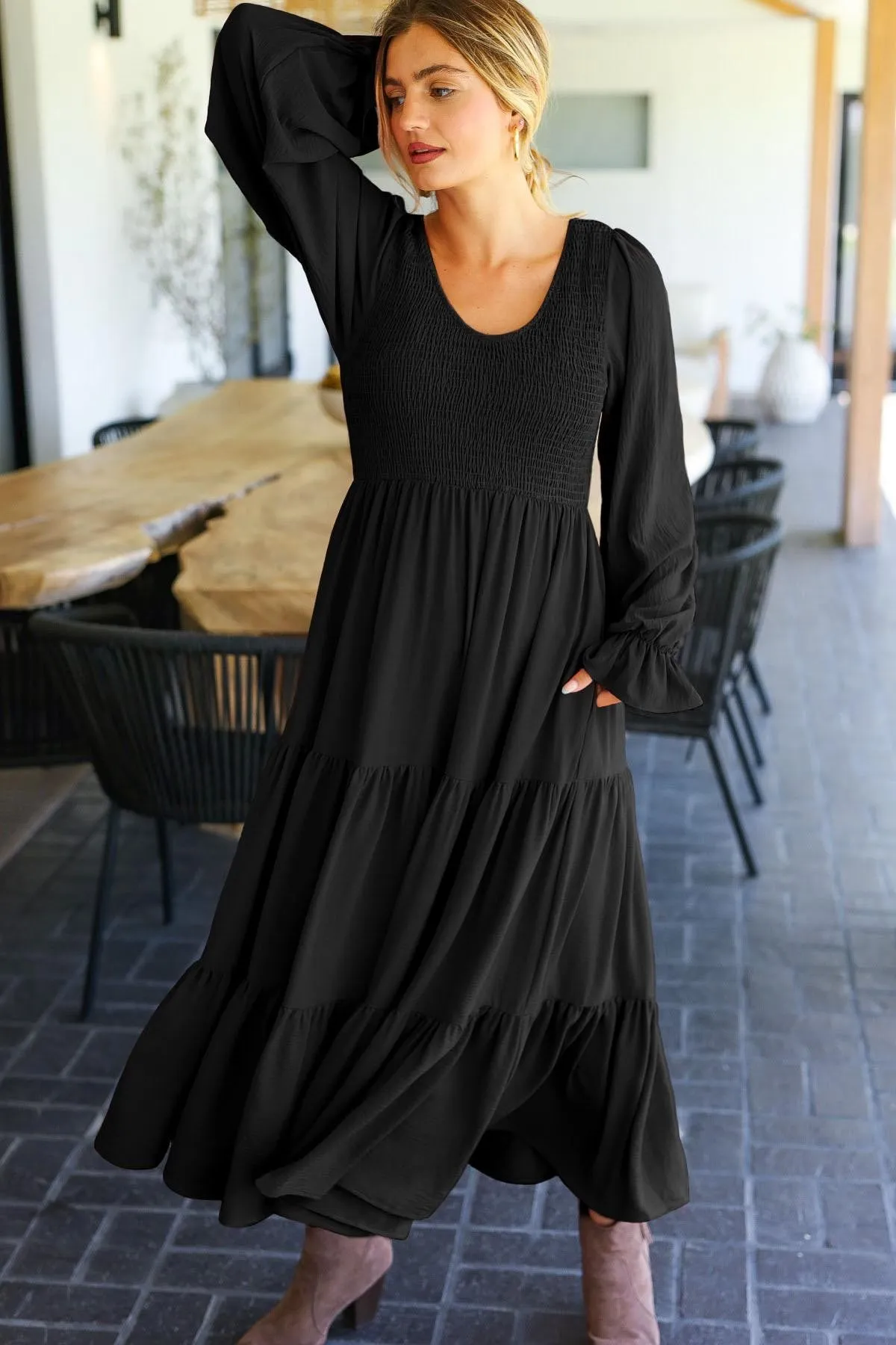 Smocking Woven Bubble Sleeve Maxi Dress - Black