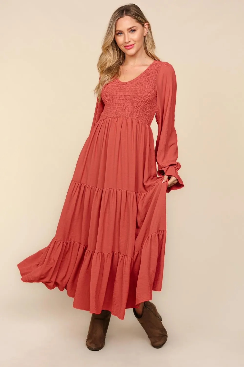 Smocking Woven Bubble Sleeve Maxi Dress - Marsala