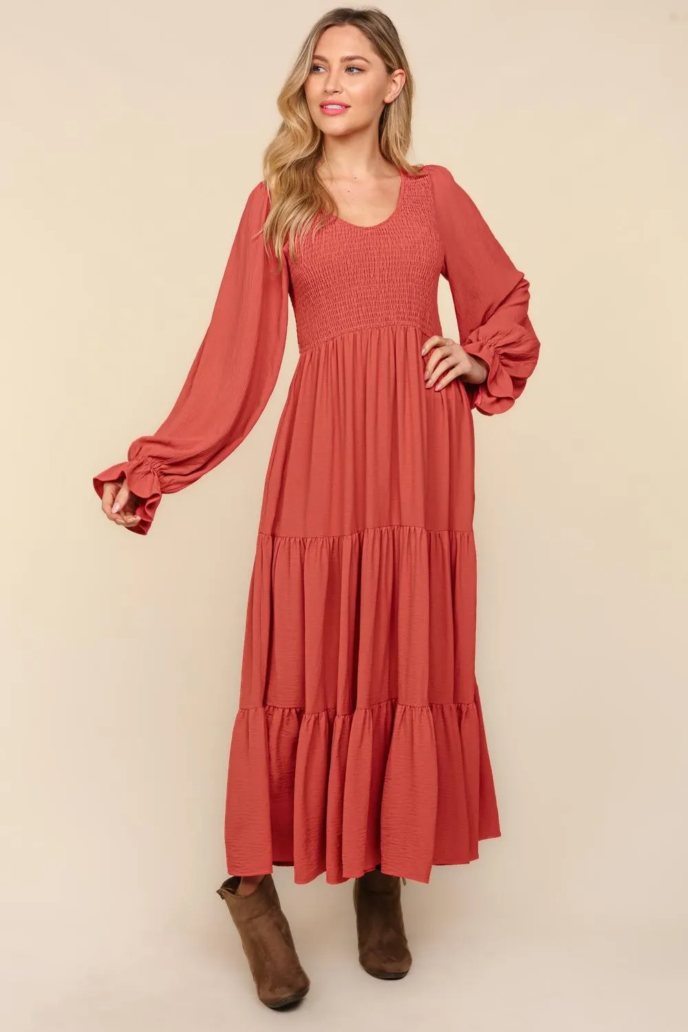 Smocking Woven Bubble Sleeve Maxi Dress - Marsala