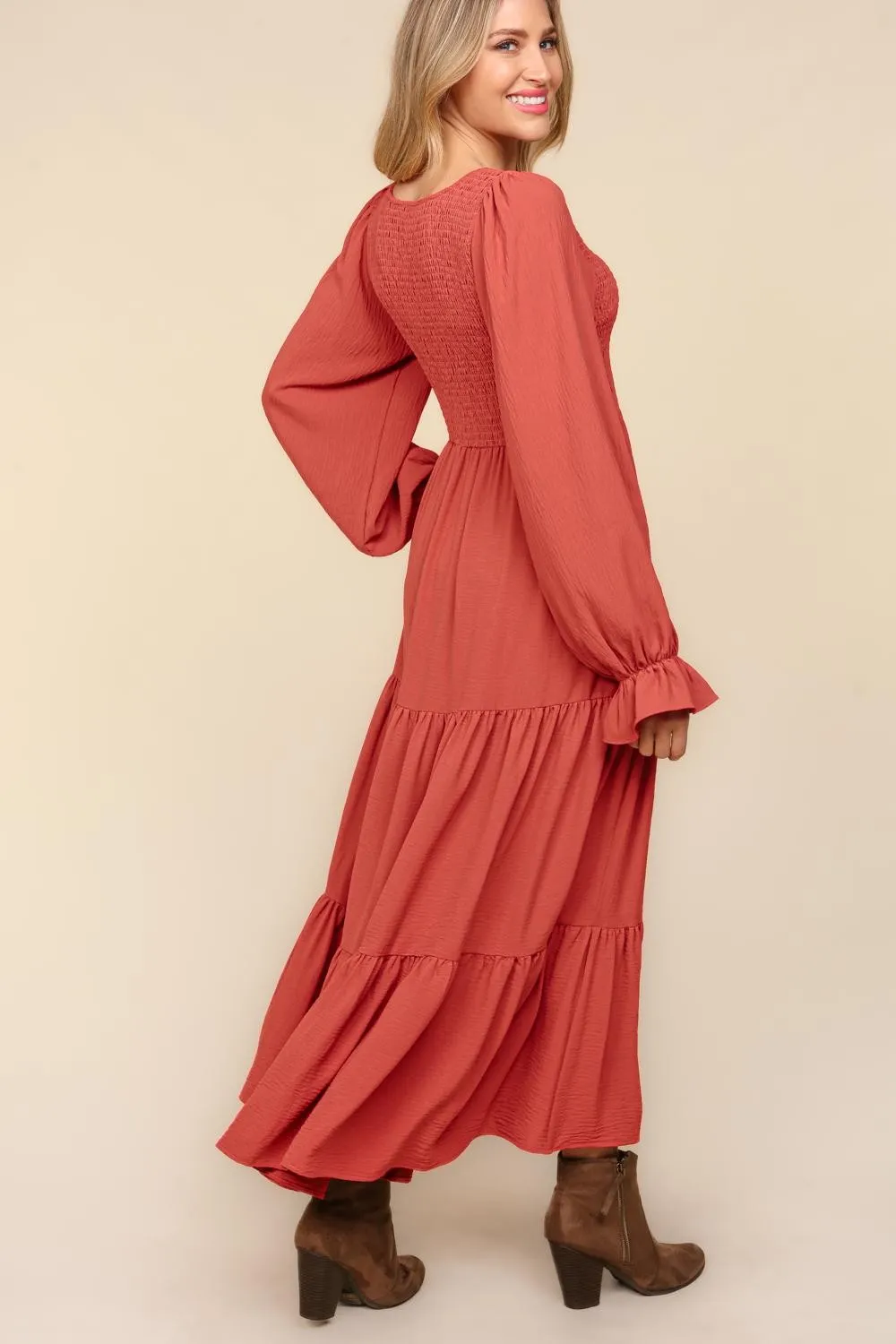 Smocking Woven Bubble Sleeve Maxi Dress - Marsala