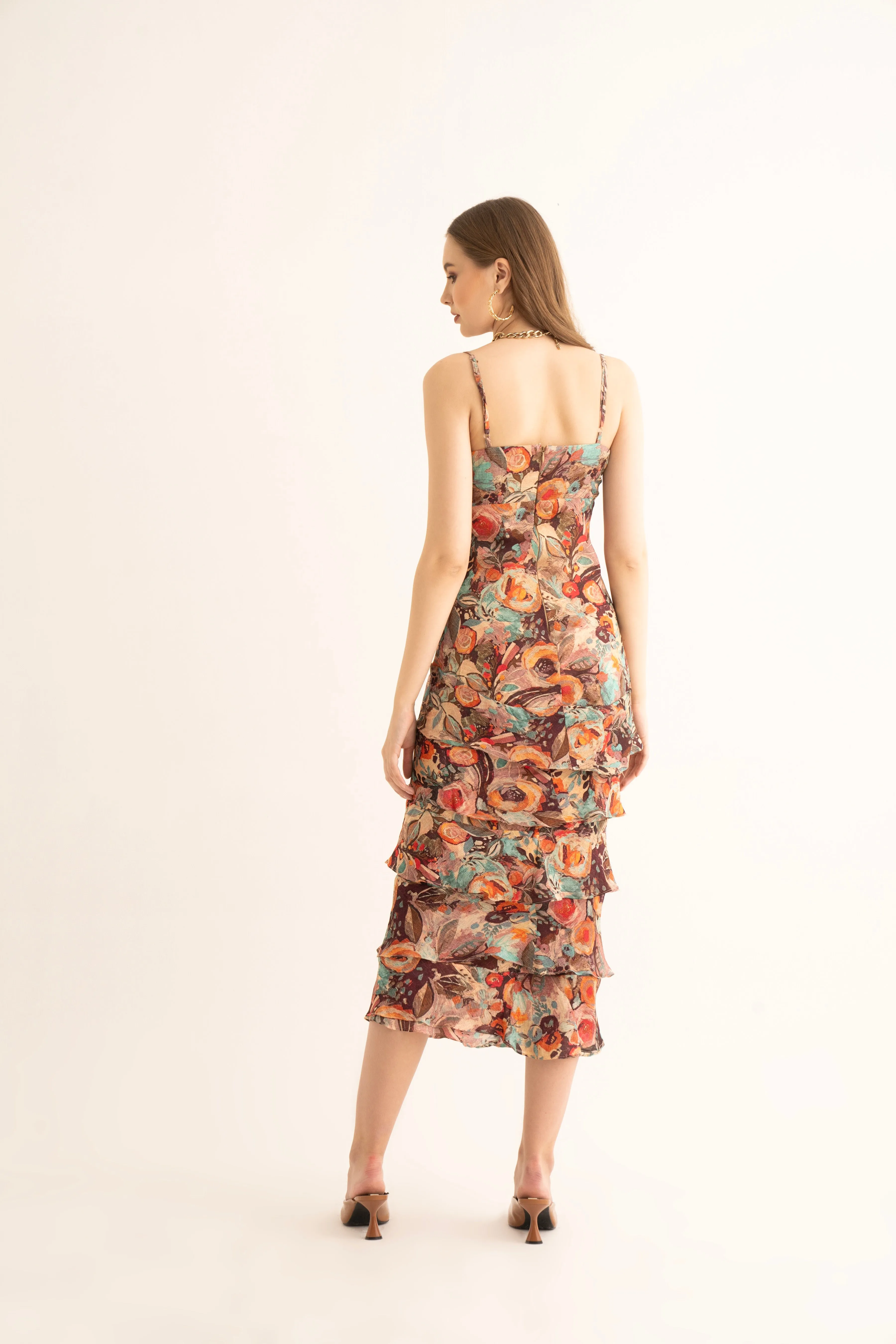 Smudged Floral Maxi Ruffle Dress