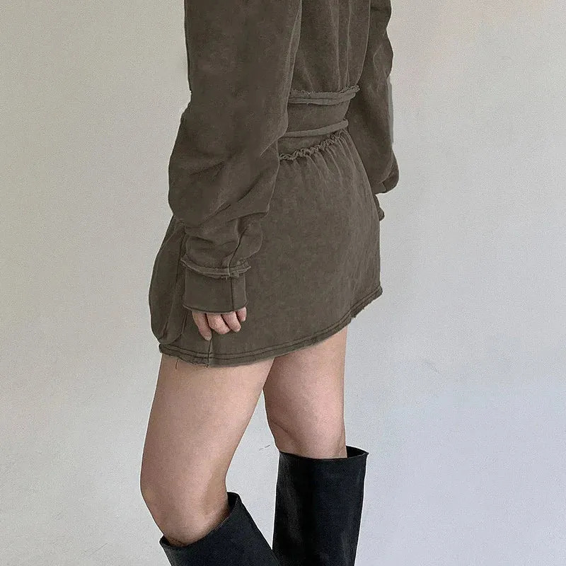 Streetwear Ruched Distressed Cargo Mini Skirt Grunge Cuffs Solid Pockets Y2K Skirt Vintage Outfits Women's Bottoms