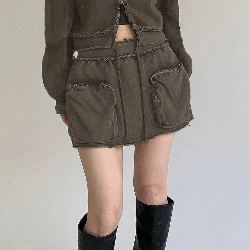 Streetwear Ruched Distressed Cargo Mini Skirt Grunge Cuffs Solid Pockets Y2K Skirt Vintage Outfits Women's Bottoms