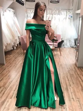 Stylish Off Shoulder Green Long Prom 2020 with Side Slit, Off the Shoulder Green Formal Graduation Evening