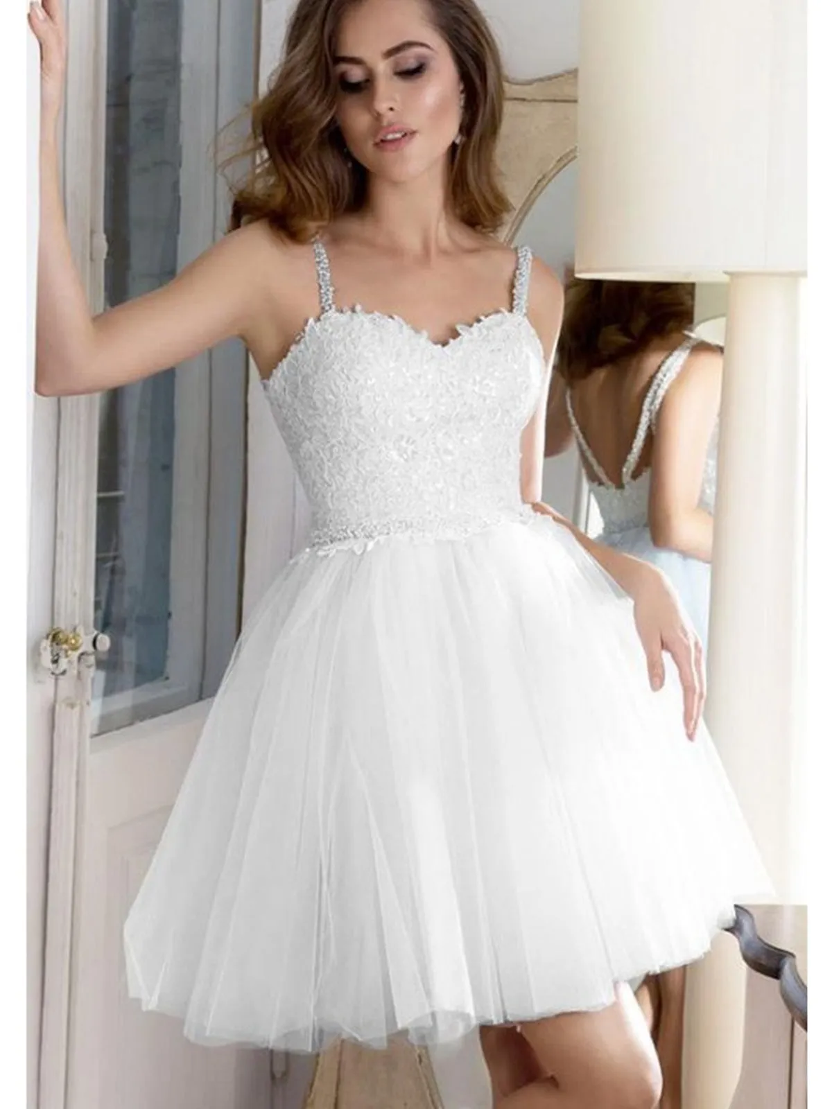 Sweetheart Neck Open Back White Lace Prom, White Lace Homecoming, Short White Formal Evening