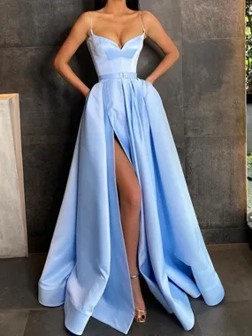 Sweetheart Neck Spaghetti Straps Long Blue Prom, Spaghetti Straps Blue Formal Evening