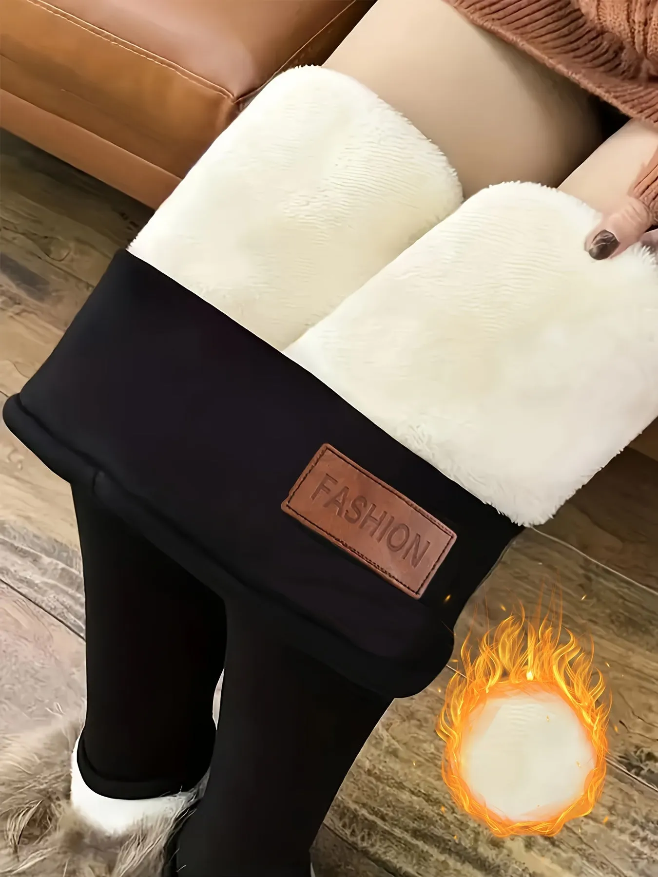 Thermal Fleece-Lined Pants for Women - High Waist Slim Fit Leggings with Faux Leather Patch, Soft and Warm Winter Outerwear for Cold Weather - Comfortable and Stylish Trousers for Everyday Wear