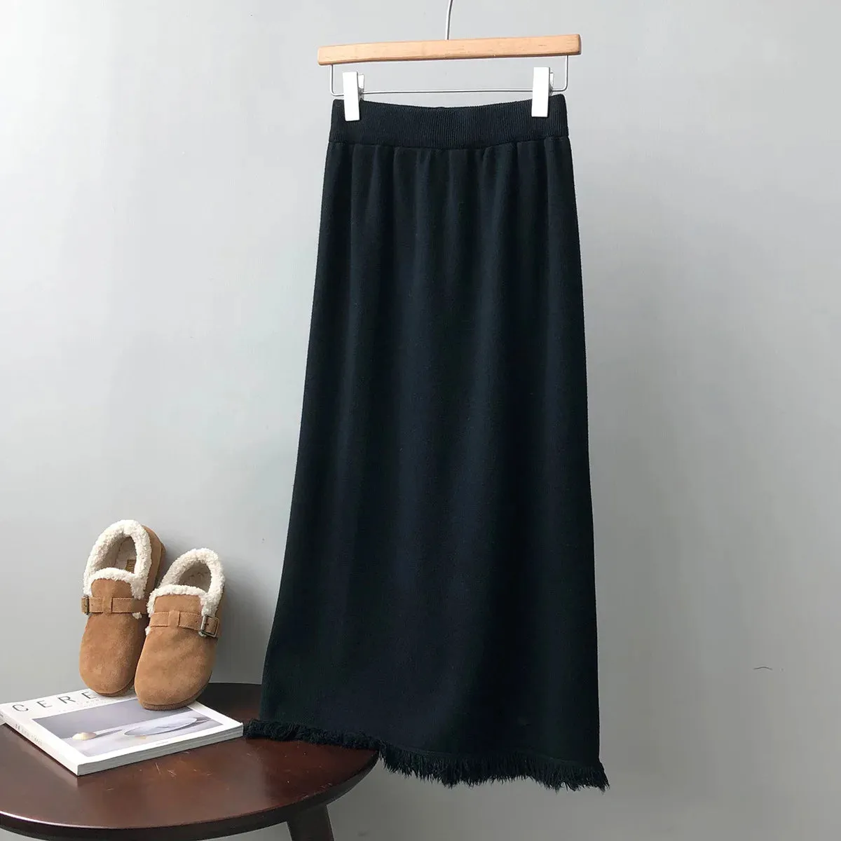 Thicken Warm Knitted Long Maxi Skirt Women Fall Winter Casual Solid A Line High Waist Stretch Skirts Female Ladies C-294