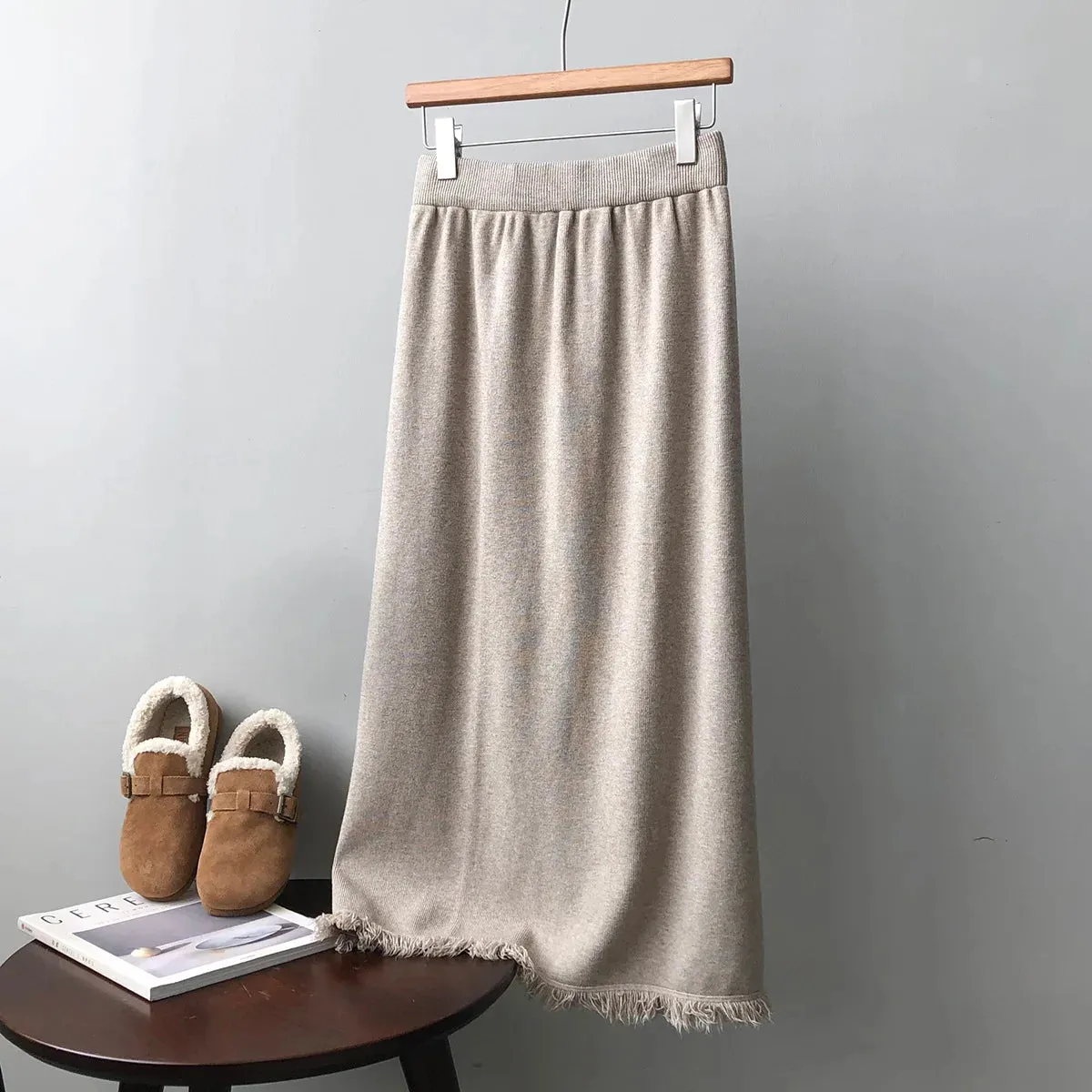 Thicken Warm Knitted Long Maxi Skirt Women Fall Winter Casual Solid A Line High Waist Stretch Skirts Female Ladies C-294