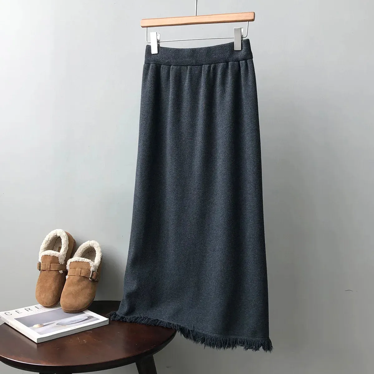 Thicken Warm Knitted Long Maxi Skirt Women Fall Winter Casual Solid A Line High Waist Stretch Skirts Female Ladies C-294