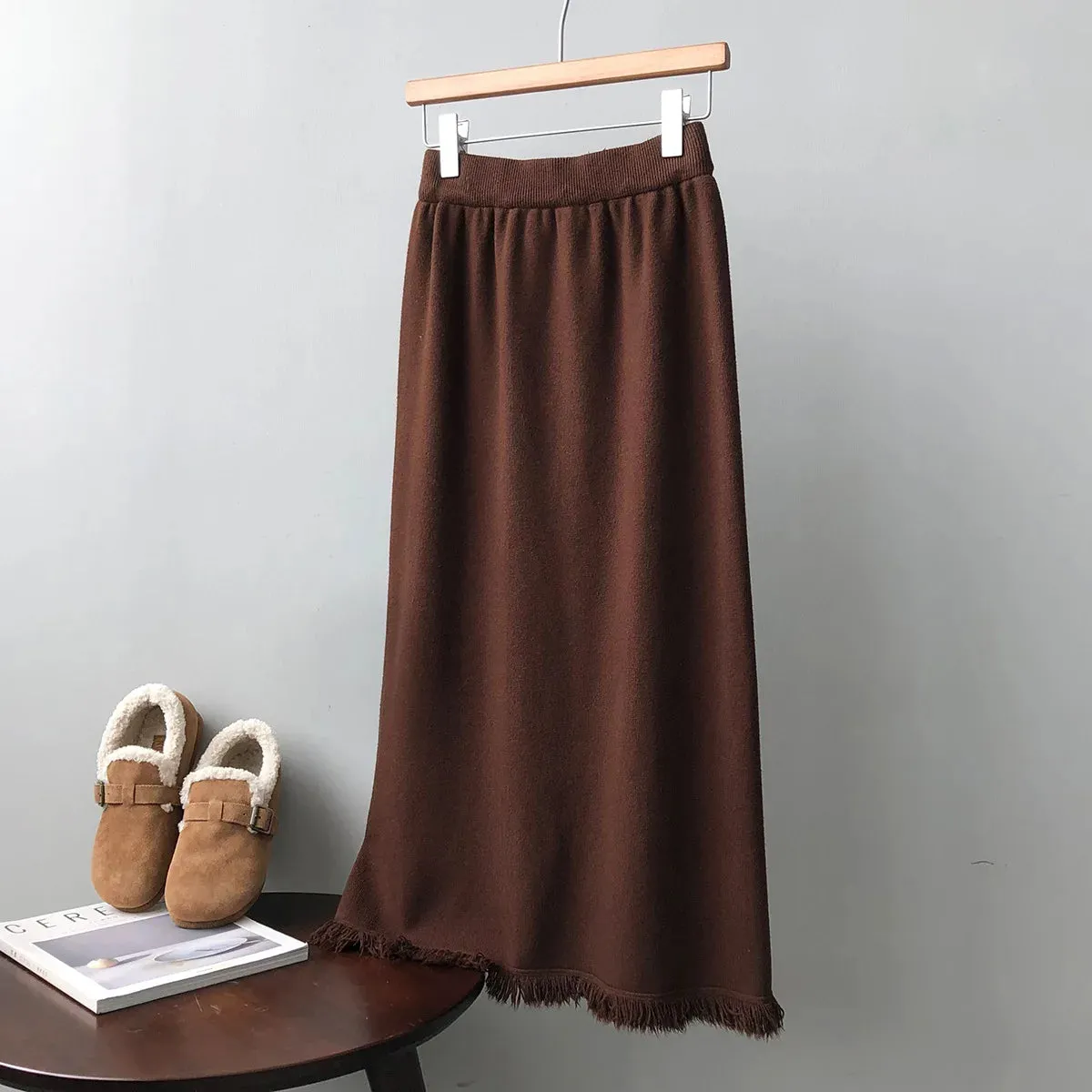 Thicken Warm Knitted Long Maxi Skirt Women Fall Winter Casual Solid A Line High Waist Stretch Skirts Female Ladies C-294