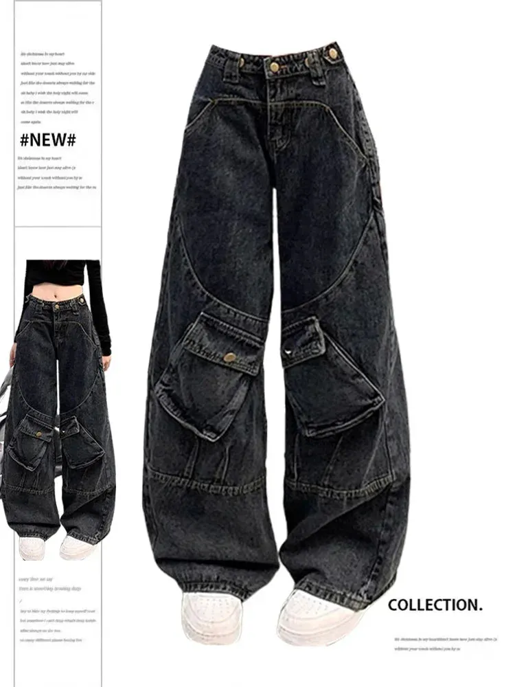 Toleet Washed Cargo Pants Women New Fashion Vintage Loose More Than A Pocket Low Rise Jeans Streetwear Straight Wide Leg Jeans