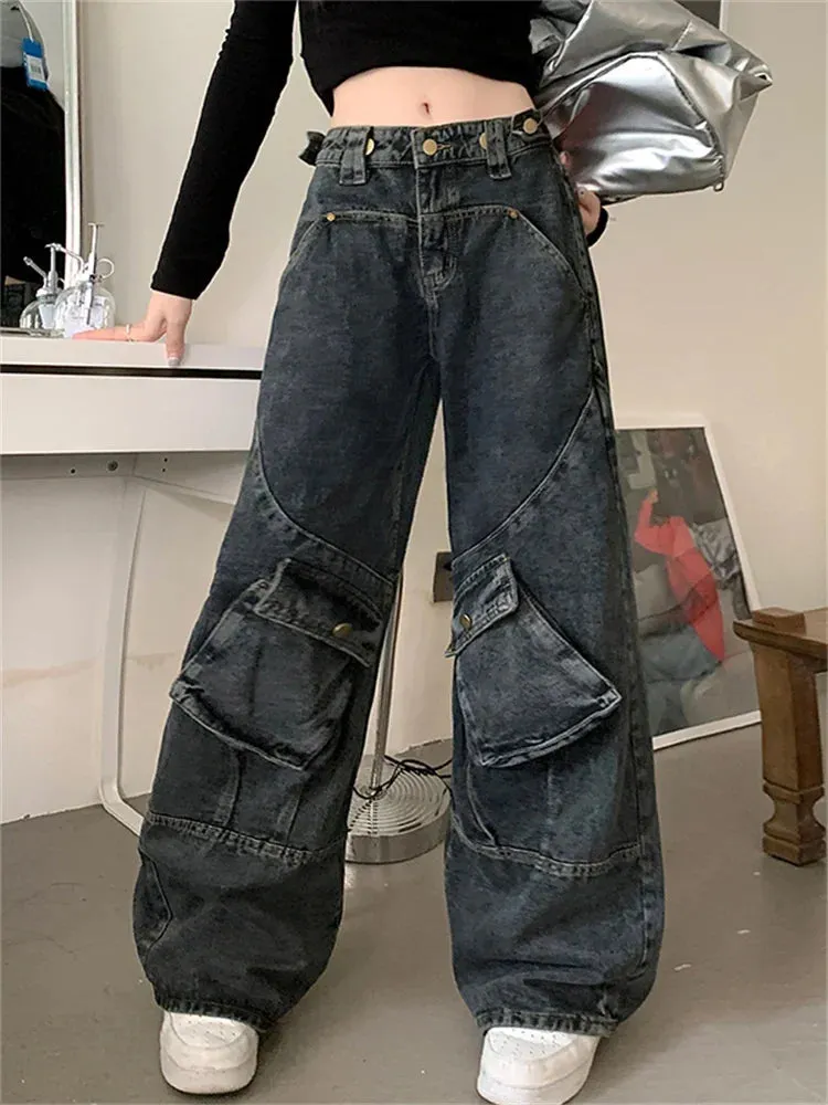 Toleet Washed Cargo Pants Women New Fashion Vintage Loose More Than A Pocket Low Rise Jeans Streetwear Straight Wide Leg Jeans