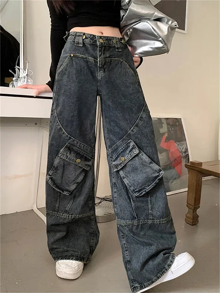 Toleet Washed Cargo Pants Women New Fashion Vintage Loose More Than A Pocket Low Rise Jeans Streetwear Straight Wide Leg Jeans