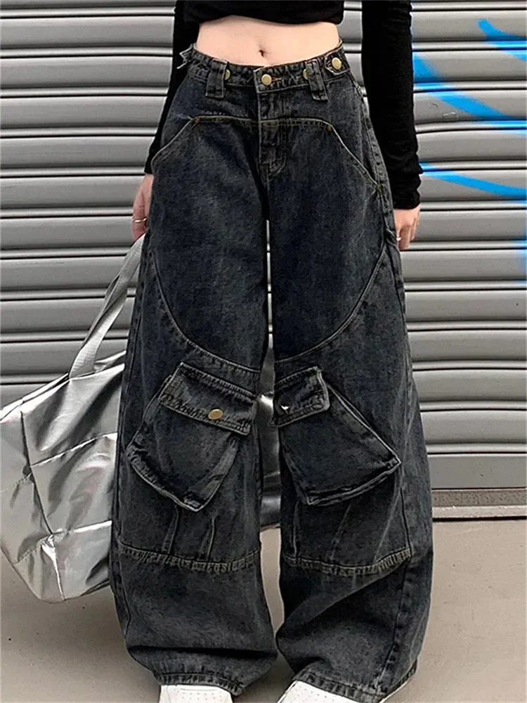 Toleet Washed Cargo Pants Women New Fashion Vintage Loose More Than A Pocket Low Rise Jeans Streetwear Straight Wide Leg Jeans