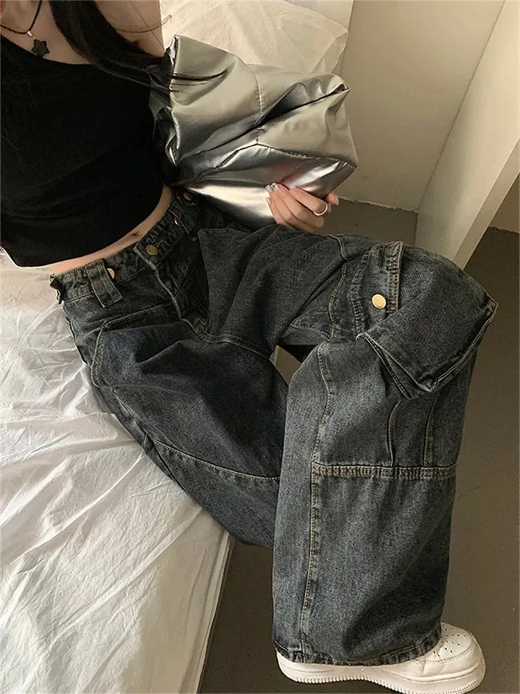 Toleet Washed Cargo Pants Women New Fashion Vintage Loose More Than A Pocket Low Rise Jeans Streetwear Straight Wide Leg Jeans