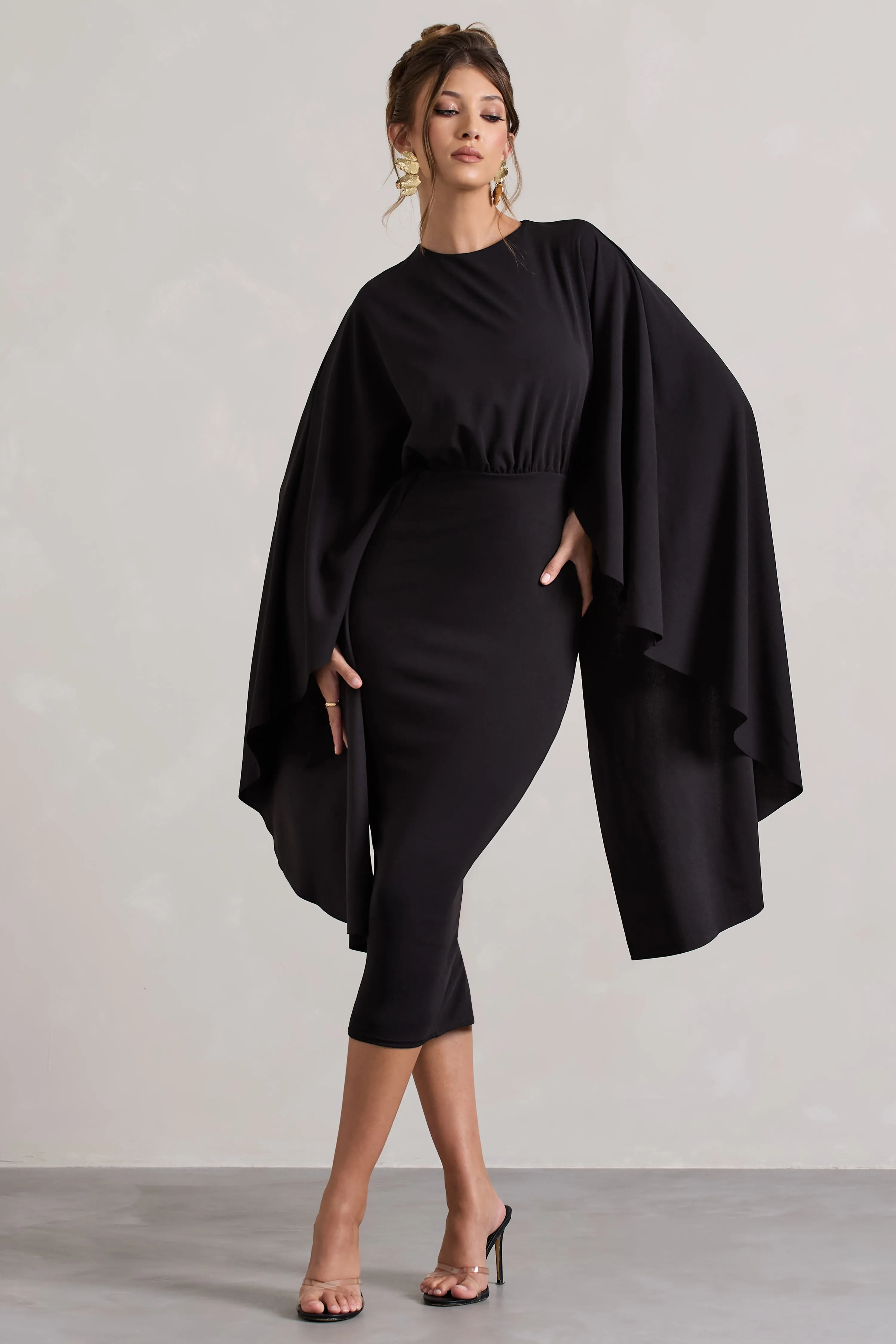 Tranquility | Black Gathered Midi Dress With Cape