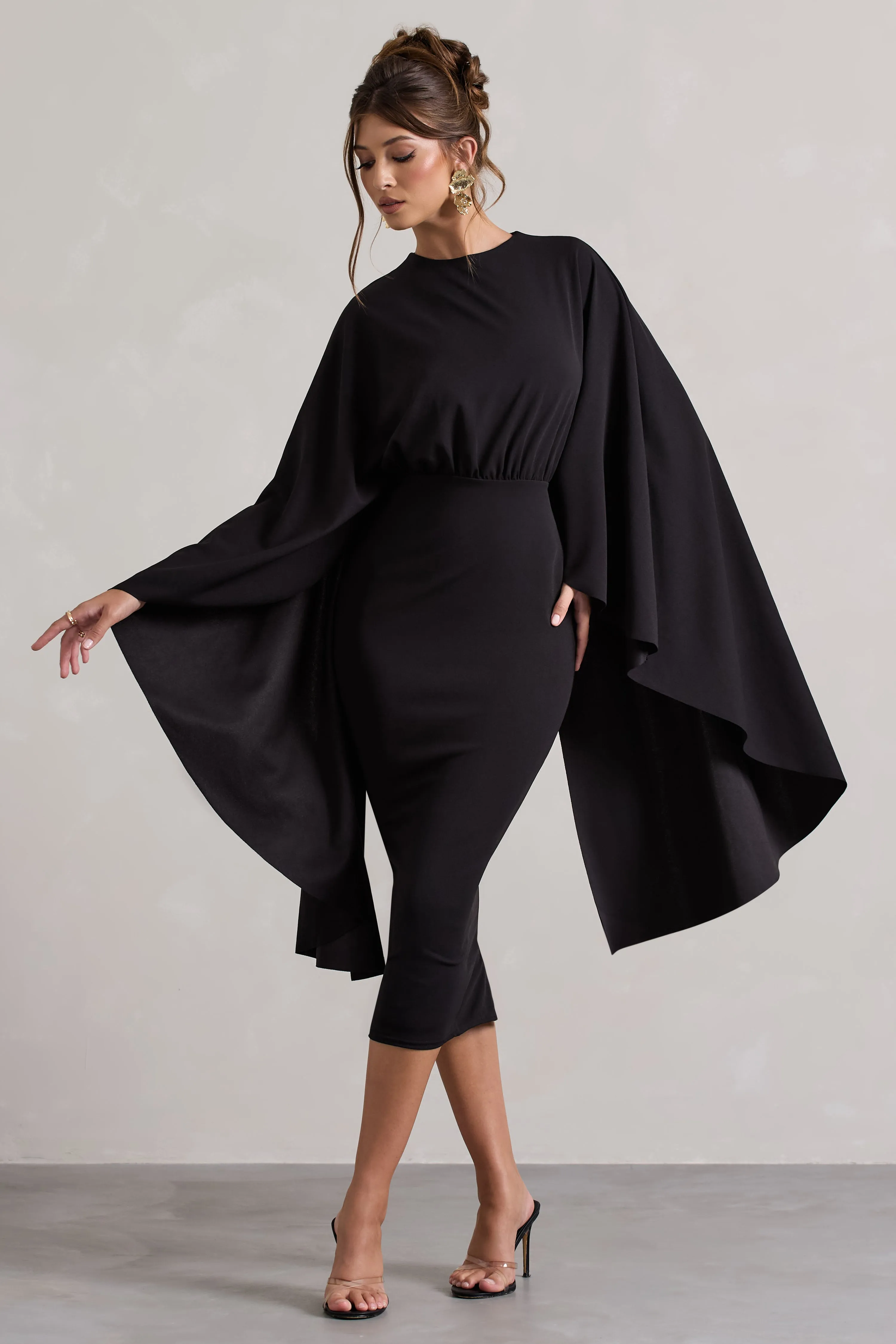 Tranquility | Black Gathered Midi Dress With Cape