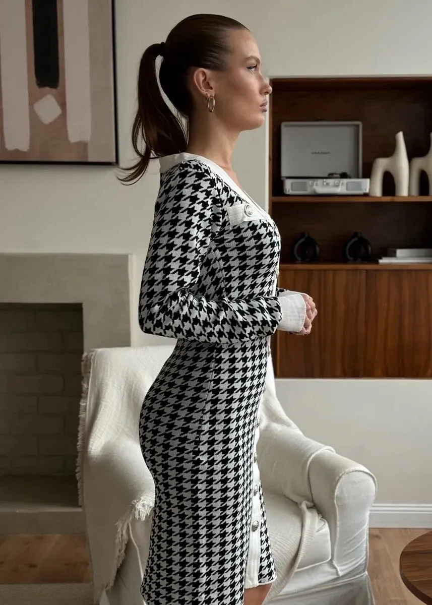 V-Neck Button Decor Houndstooth Midi Dress