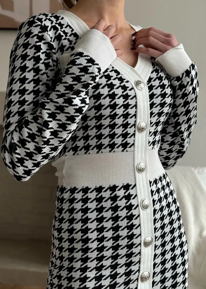 V-Neck Button Decor Houndstooth Midi Dress