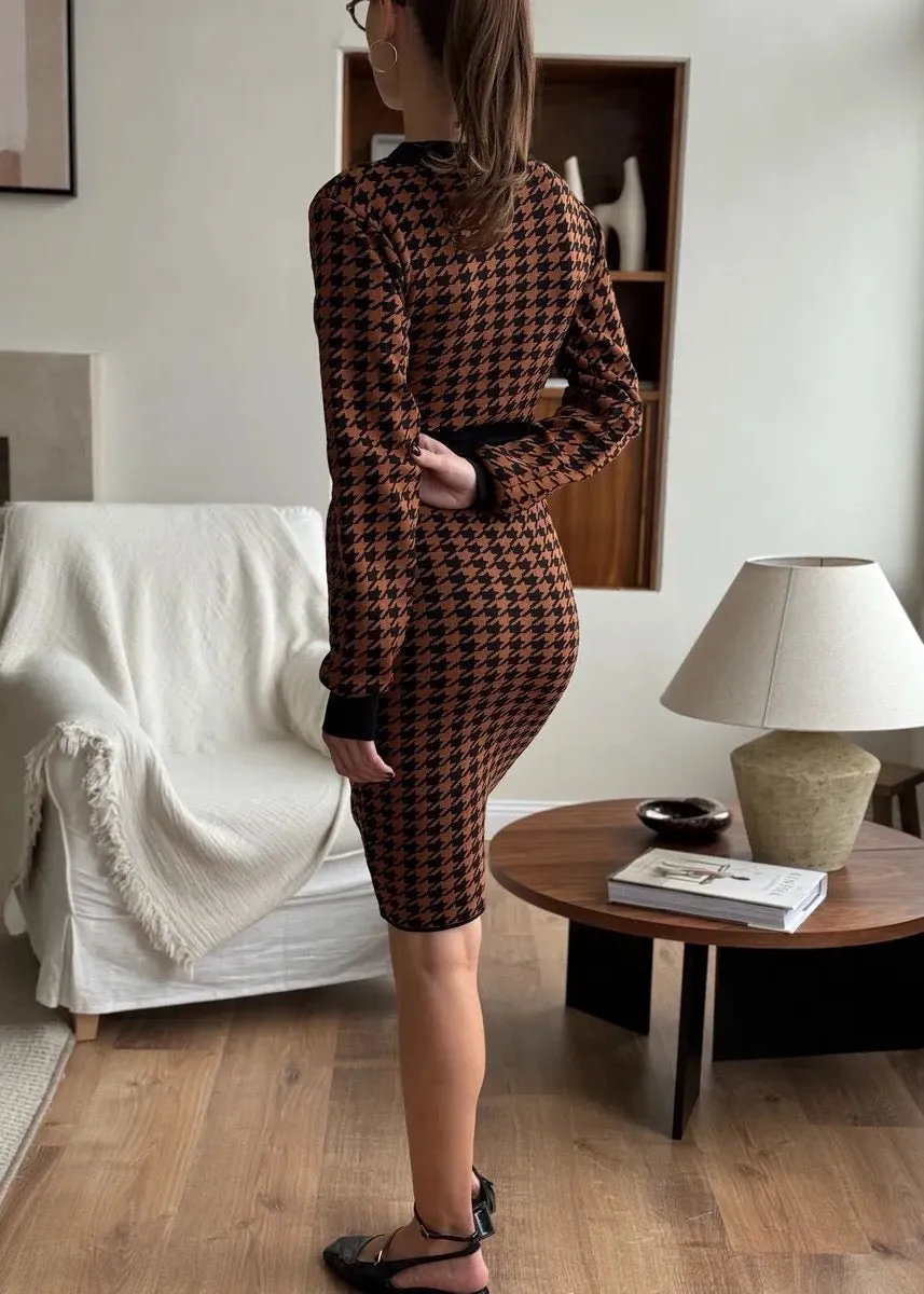 V-Neck Button Decor Houndstooth Midi Dress