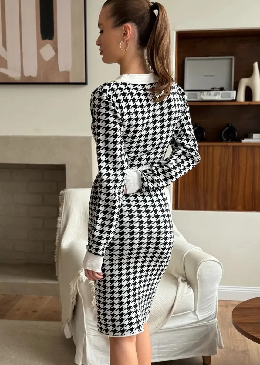 V-Neck Button Decor Houndstooth Midi Dress