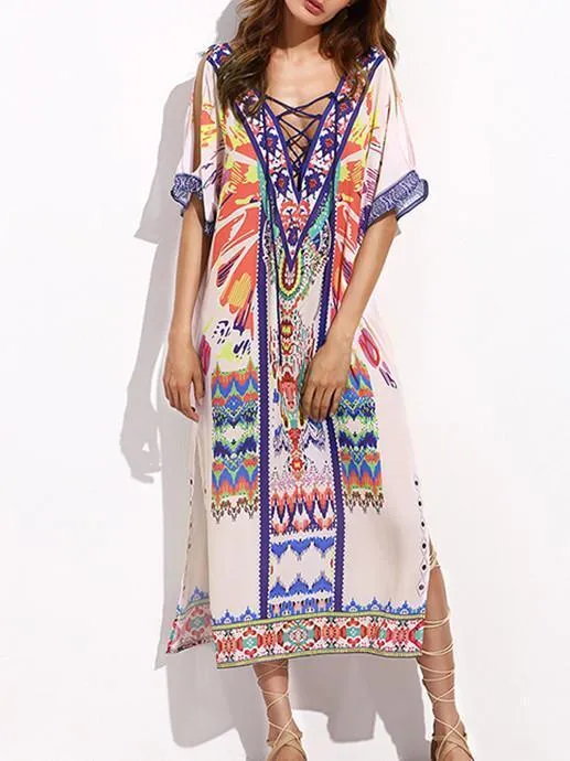 V-neckline Short Sleeves Maxi Print Bohemia Dress