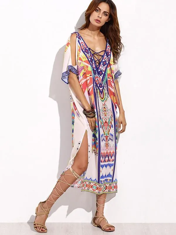 V-neckline Short Sleeves Maxi Print Bohemia Dress