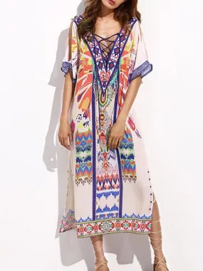 V-neckline Short Sleeves Maxi Print Bohemia Dress